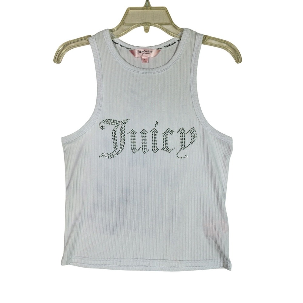 Juicy Couture Womens Large White Tank Top Rhinestone Logo Ribbed Y2K Streetwear